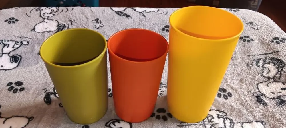Tupperware Harvest Colors Set of 2 #1320 Juice Cups & One 873 Yellow Tumbler